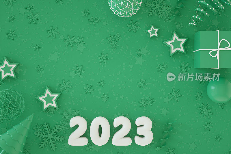 2023年新年，绿色背景的圣诞装饰品