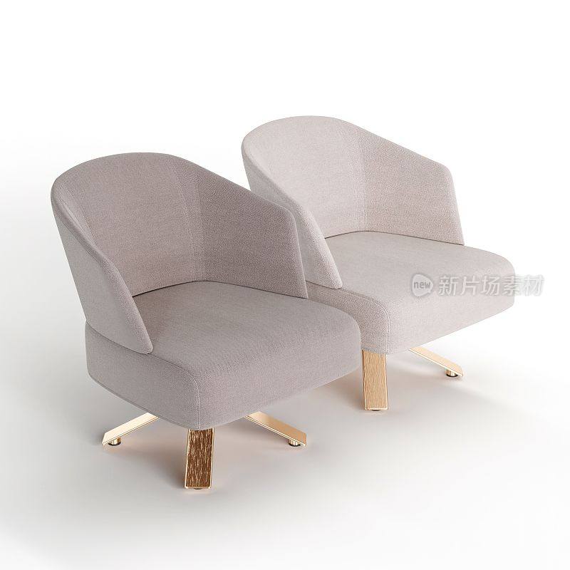 两个现代扶手椅的3D渲染在中性灰色的颜色，孤立在白色背景