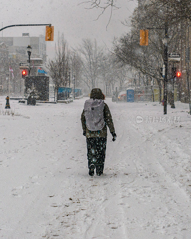 汉密尔顿，安大略——一个人在暴风雪中走过雪地的背影