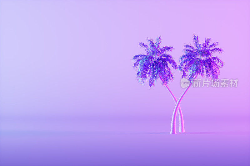 霓虹灯背景下的热带棕榈树，极简的夏季和旅游概念