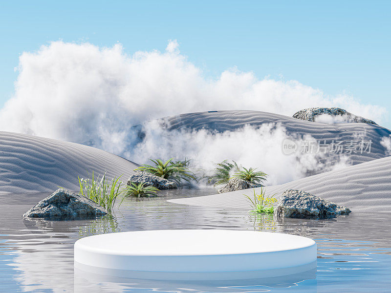 3d讲台与复制空间的产品展示呈现在抽象的背景。热带夏季和度假概念。图形渲染插画设计。