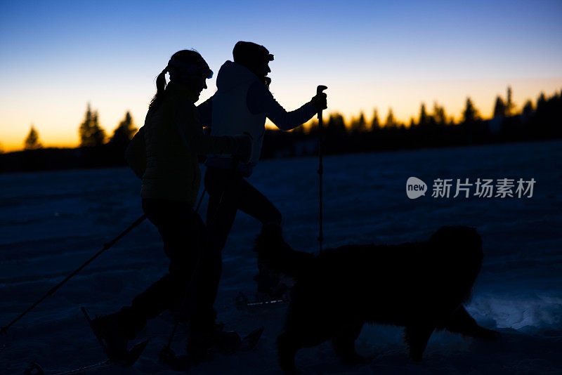 两个女人和伯尔尼山的宠物狗在夜间滑雪
