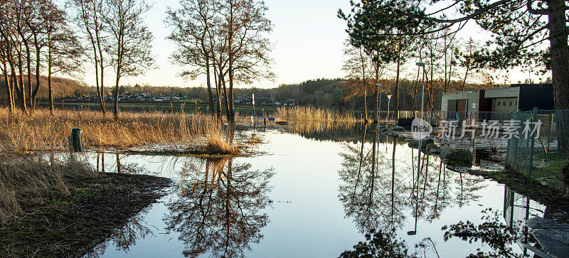 洪水和水位上升的一个湖在城市的中心，鸭子生活在洪水中