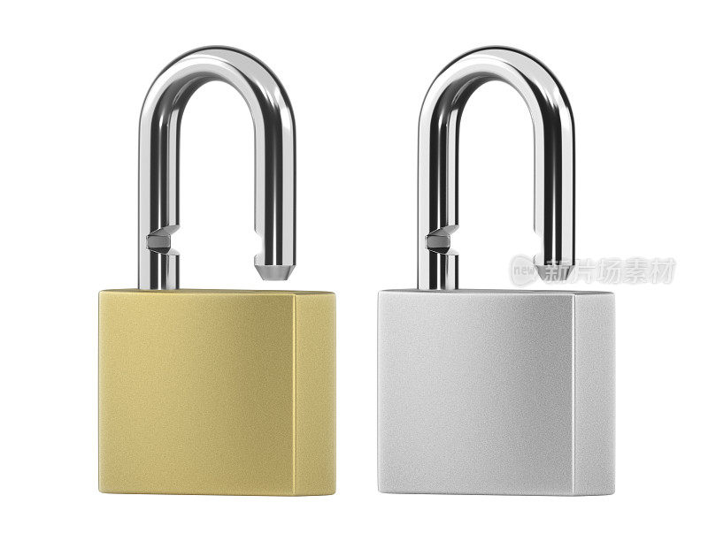 锁定金色挂锁和锁定银色挂锁在白色背景