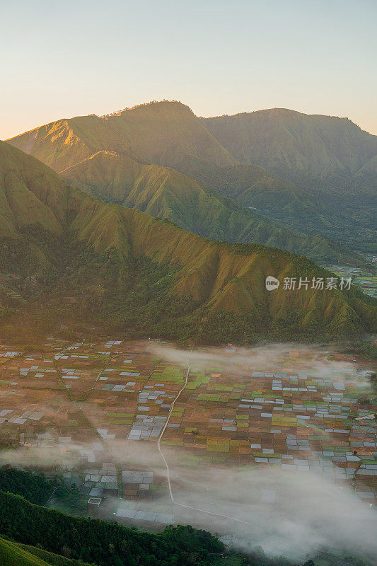 龙目岛的农田和火山景观