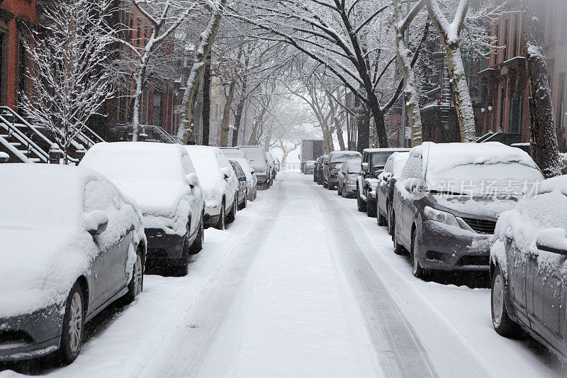 在布鲁克林高地街上，冬季的暴风雪将汽车覆盖在雪中