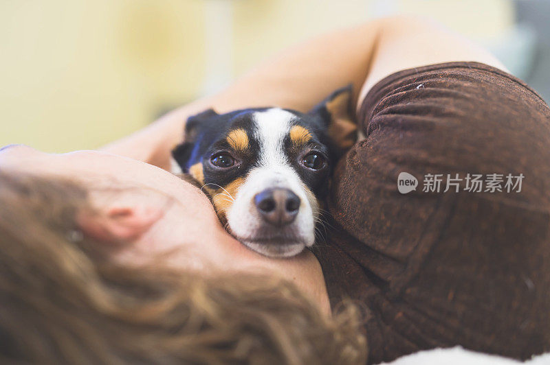 一位时髦的成年男子正在卧室里拥抱他的狗