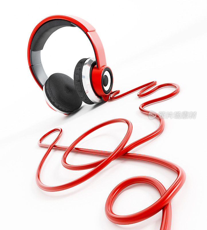 红色耳机与高音谱号形状的线