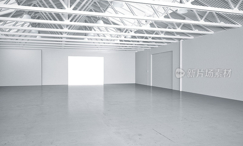 干净明亮的仓库汽车展厅3D渲染