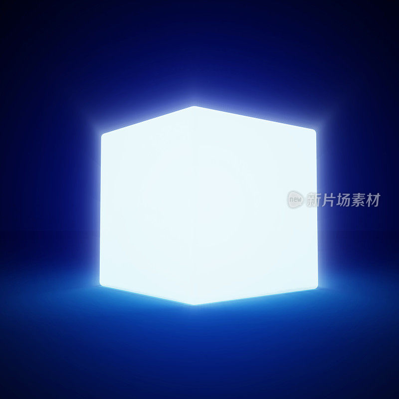 摘要发光的空白立方体在蓝色背景