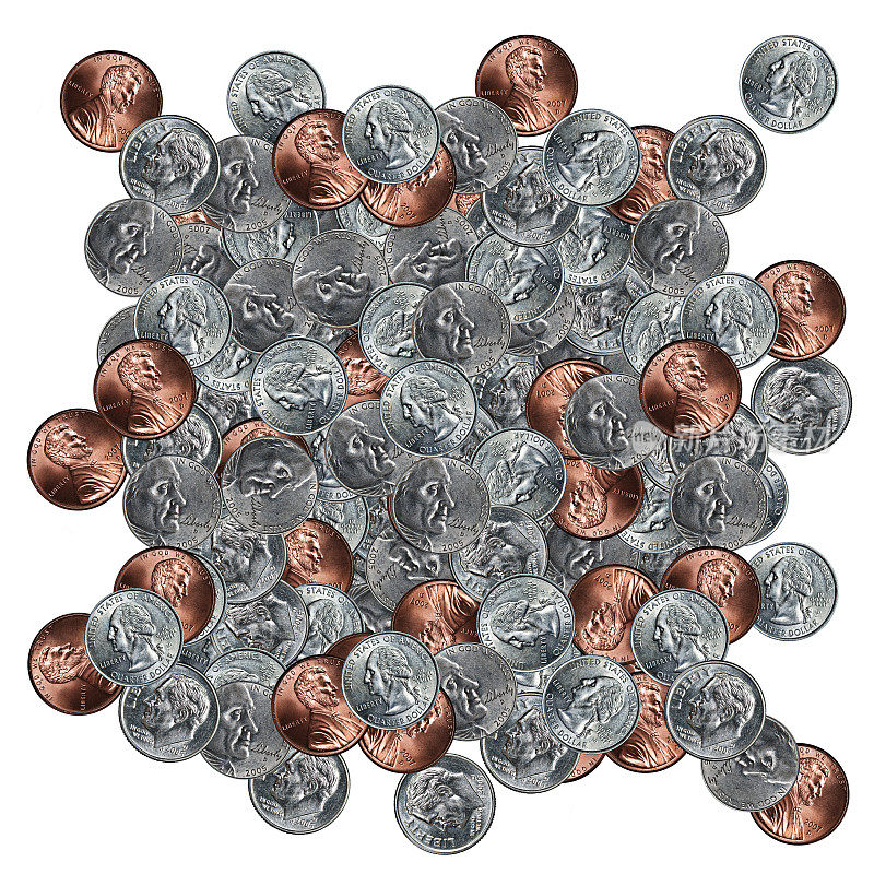 美国硬币堆白色孤立XXXL