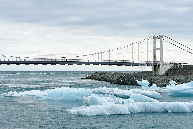 Jokulsarlon的桥，水上漂浮着冰山