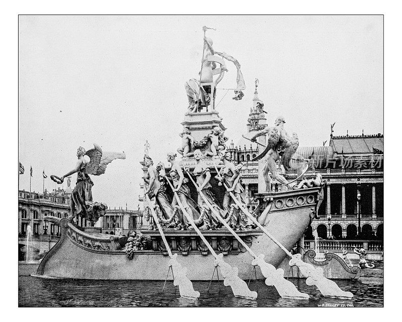 哥伦比亚喷泉的古董照片(世界哥伦比亚博览会，芝加哥，美国-1893)