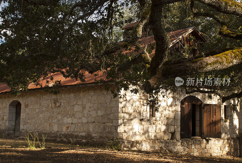 历史悠久的老石头农场建筑和橡树安格温加利福尼亚