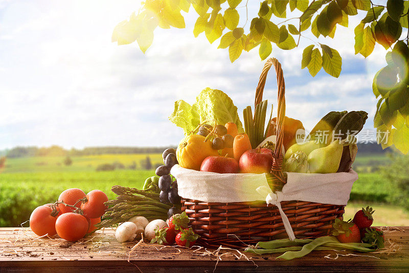 水果和蔬菜餐桌和作物景观背景