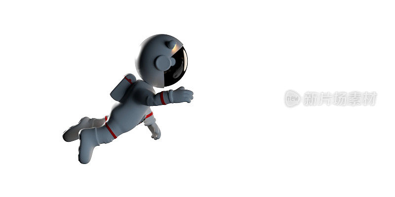 可爱的卡通宇航员穿着白色宇航服在零重力空间失重(3d渲染，孤立在白色背景上)