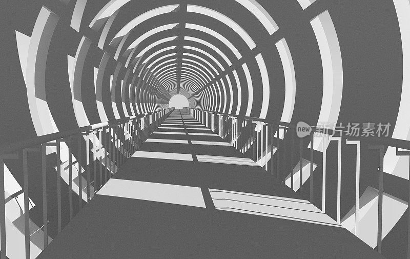 隧道尽头的光。有桥和扶手的管子。建筑的幻想。3d模型的黑白渲染。
