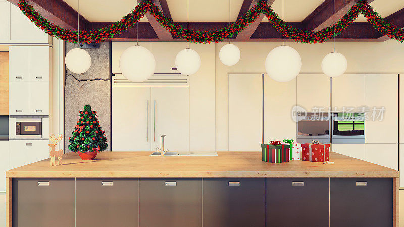 现代阁楼室内厨房与圣诞节装饰