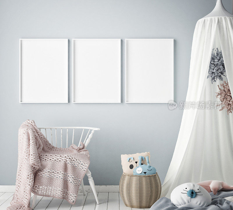模拟海报框架儿童卧室，斯堪的纳维亚风格的室内背景，3D渲染