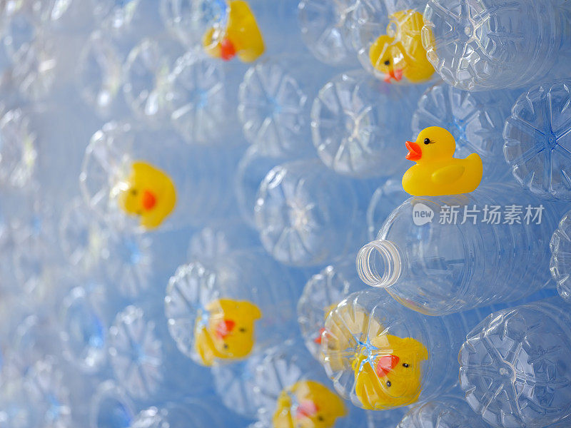 黄色的橡皮鸭被困在一堆空塑料饮水瓶里，一只鸭子自由地坐在其中一个瓶子上。