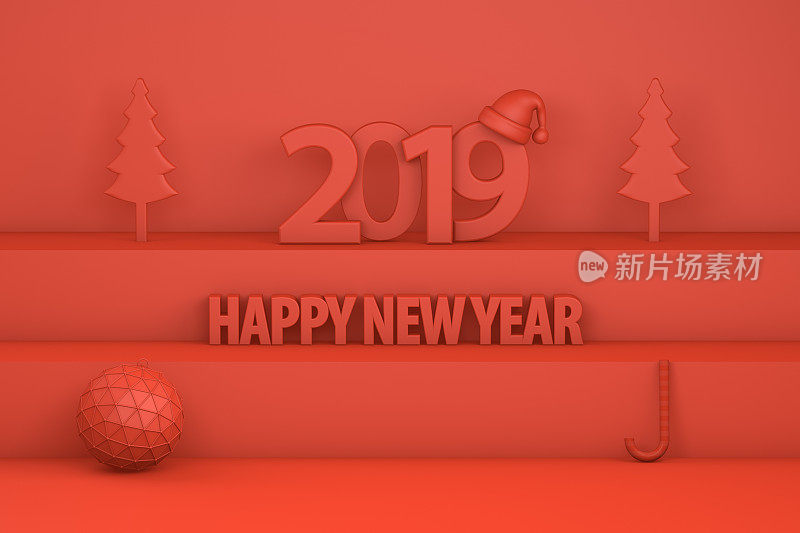 2019年新年，楼梯上有圣诞帽，红色背景上有简约圣诞概念