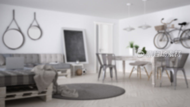 模糊的背景室内设计，斯堪的纳维亚极简主义客厅DIY托盘沙发和复古餐桌，当代建筑