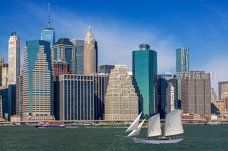 高船(纵帆船)航行在东河和纽约城市天际线与金融区曼哈顿下东区，纽约，美国。