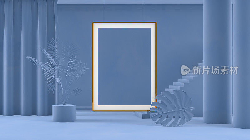 蓝色房间的3D空框架、楼梯和建筑柱