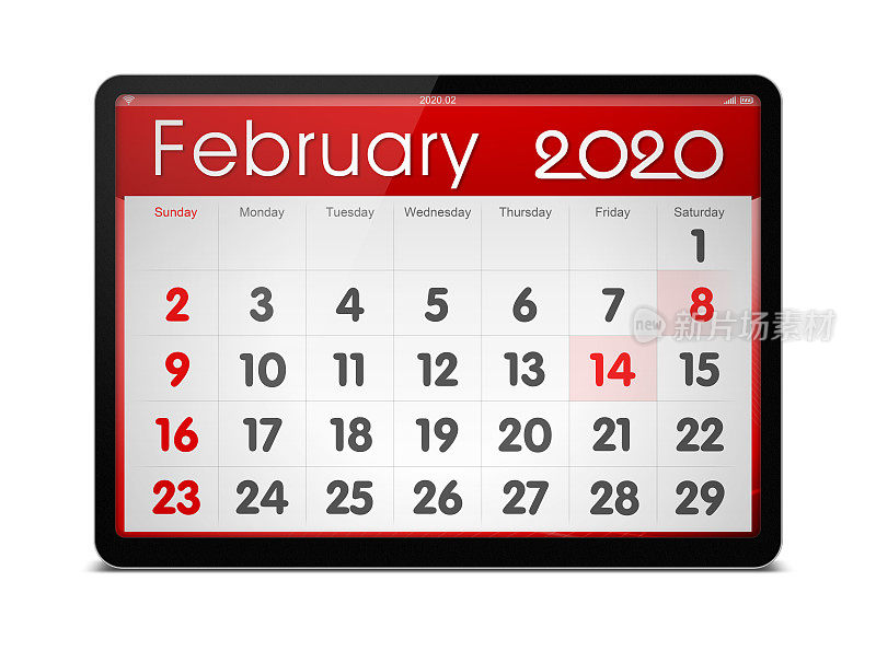 (剪辑路径)2020年2月在数字平板电脑孤立日历