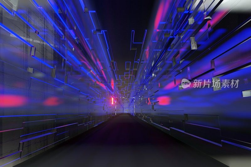 带有蓝色照明的科幻走廊隧道
