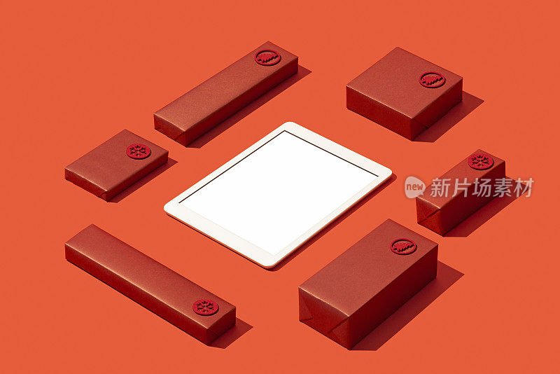 数字平板模型，模板与红色礼品盒儿子红色背景