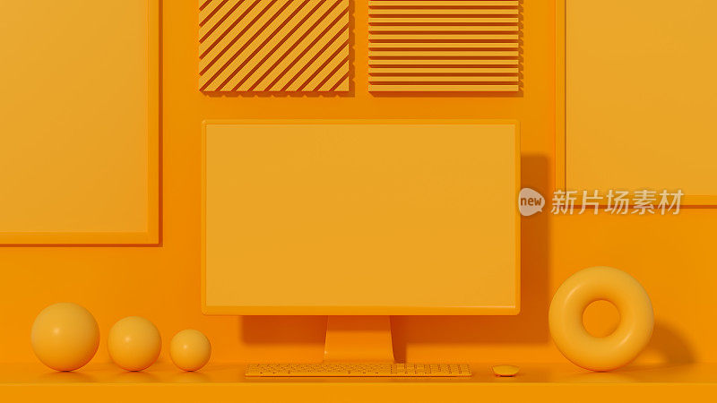 空的计算机屏幕显示器和框架上的橙色背景，最小的概念