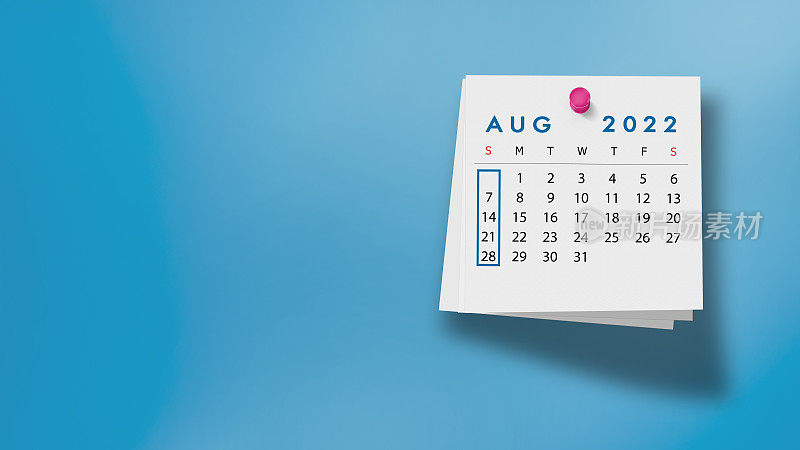 2022年8月日历记事本上的蓝色背景