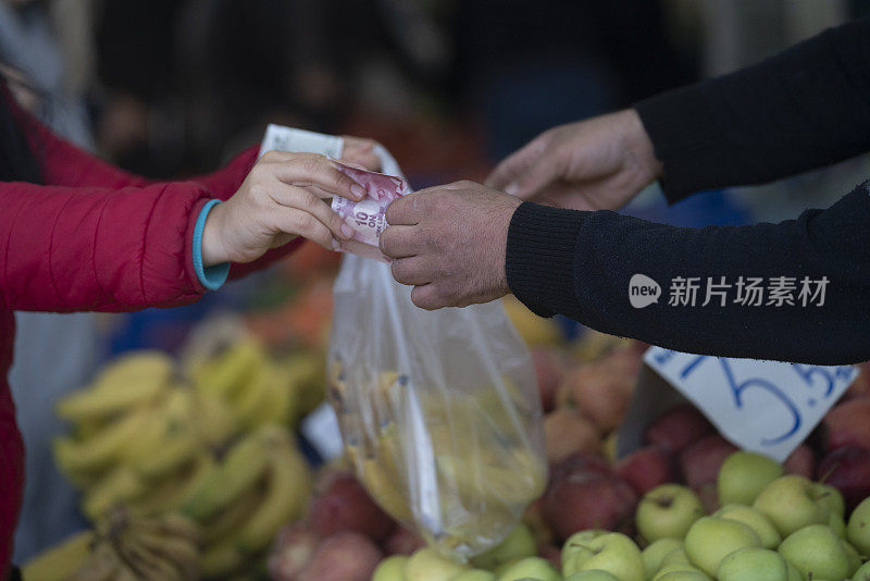 农贸市场买卖双方的手的特写照片