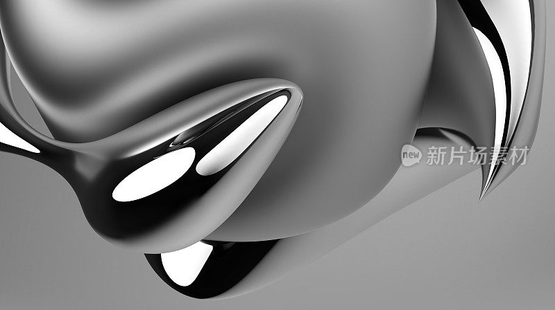 3d渲染抽象艺术3d背景，部分超现实异域花卉雕塑曲线波浪式优雅螺旋球形线条形成在哑光铝金属材料，灰色背面有光泽的银色部分