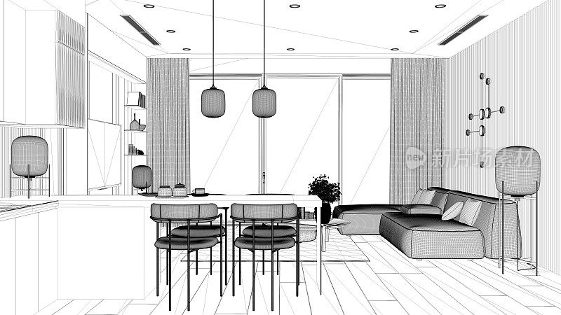 图纸项目初稿，极简公寓客厅带厨房，沙发带桌子，厨房带岛和餐桌，扶手椅。大全景窗，室内设计理念