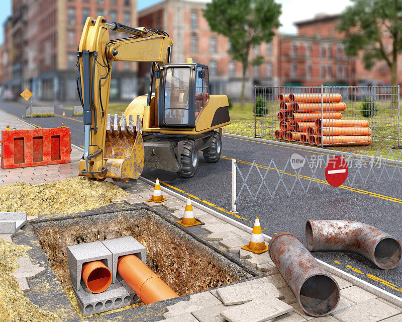道路工程的概念，新的橙色pvc管和旧的生锈的金属管，人行道上挖出的坑，拆除了铺路砖，道路标志和障碍物周围，挖掘机靠近道路上的洞，模糊的城市景观背景，3d不良