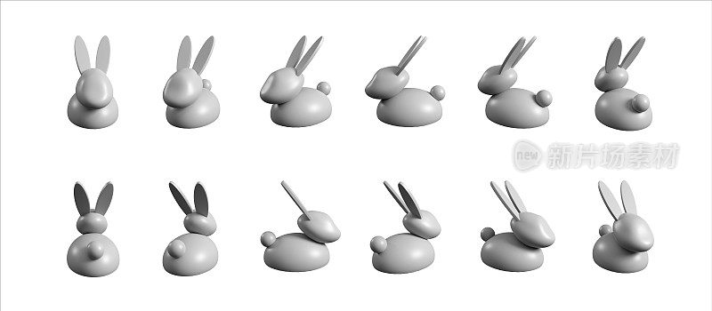 3d瓷兔角色位置设置动画。从不同角度抽象孤立的兔子角色。为中国新年或复活节假期制作的逼真兔子雕像。