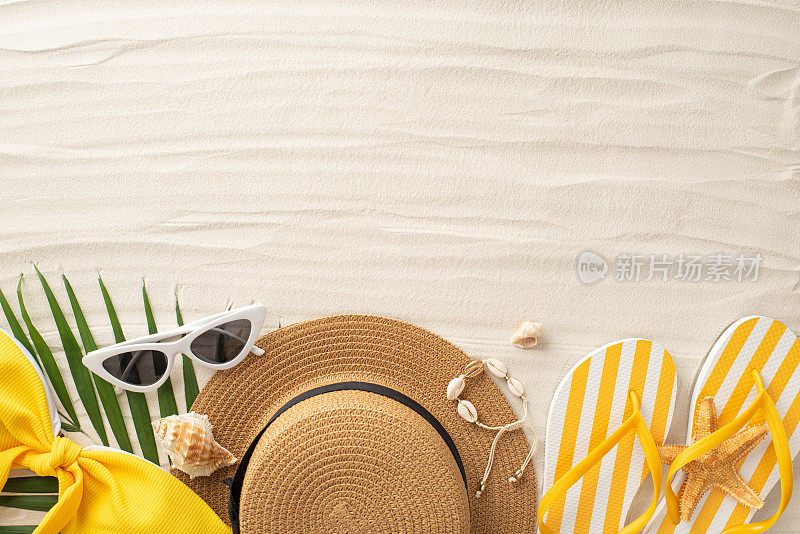 风景如画的夏日日光浴俯视图。沙滩必备用品——眼镜、头饰、贝壳、手镯、人字拖、泳衣、棕榈叶——在沙滩上搭配。空白区域邀请文本或促销