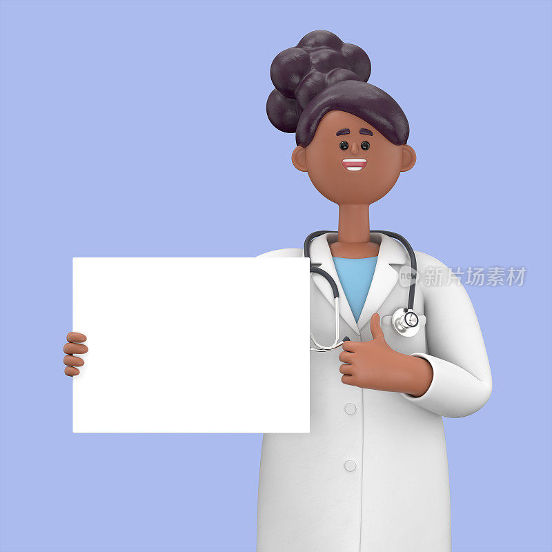 3D插图女医生朱丽叶拿着标书，大拇指向上，医学演示剪贴画在蓝色背景上隔离