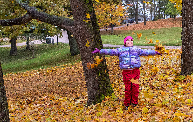 孩子，白人女孩，8岁，秋天散步。孩子把秋叶抛向空中，他很高兴，为秋天而高兴。