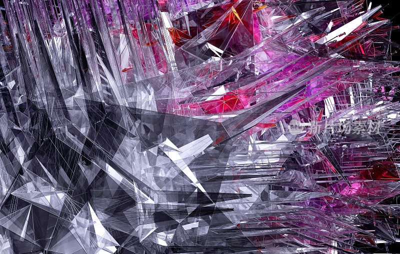 3d渲染抽象艺术3d背景与超现实分形异形立方体或盒子的一部分，基于三角形金字塔形状与锋利的针和尖刺在破碎的玻璃材料在红色和紫色