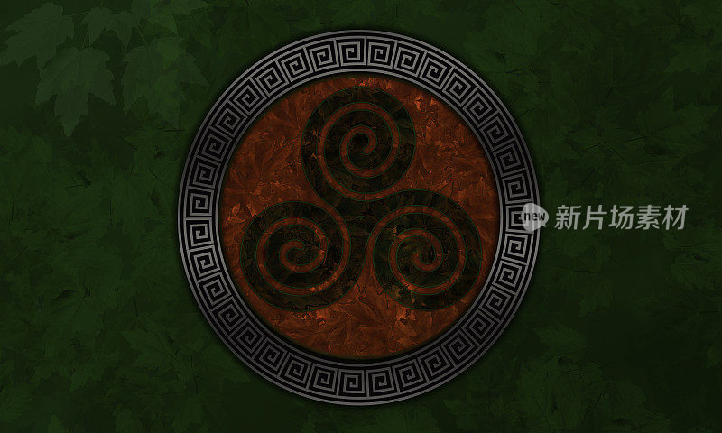 叶子上的三叉戟背景-三叉戟-凯尔特螺旋-古代神圣的图标在圆形框架