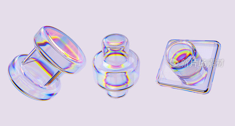 一套三维几何玻璃元素的透明材料。3d渲染抽象孤立的形状