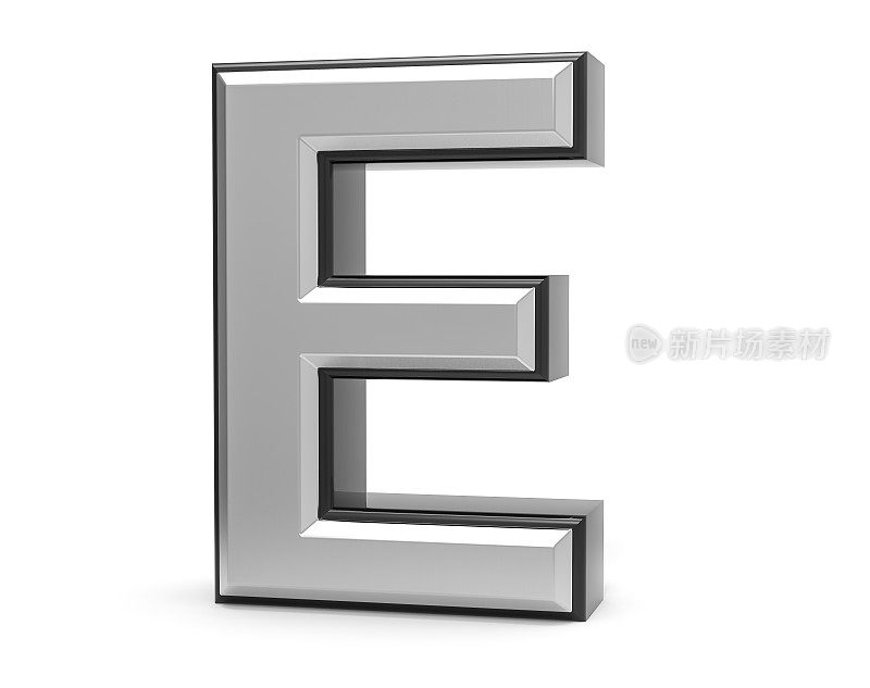 3D孤立金属金属E字母字母标志插图。