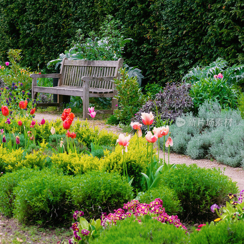 英国式花园用步道引导空长凳构成