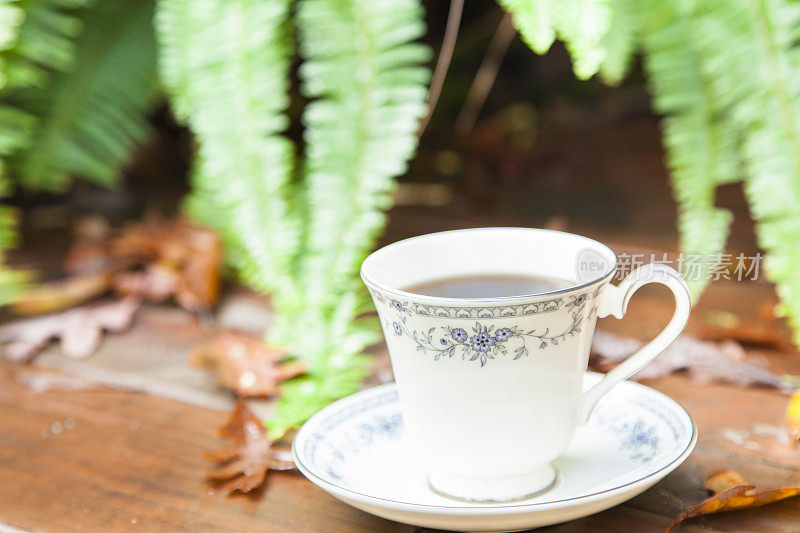 后院院子里的茶杯里的茶。放松。