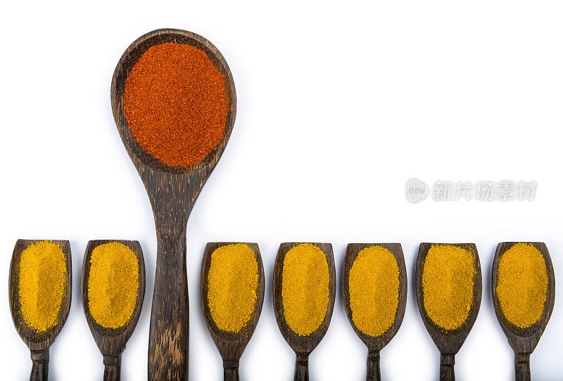 姜黄和辣椒香料放在木勺上孤立白色