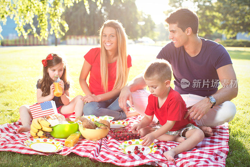 年轻的一家人在国庆日野餐