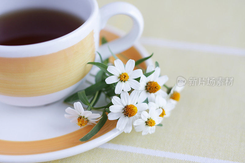 黄色的茶和花的特写